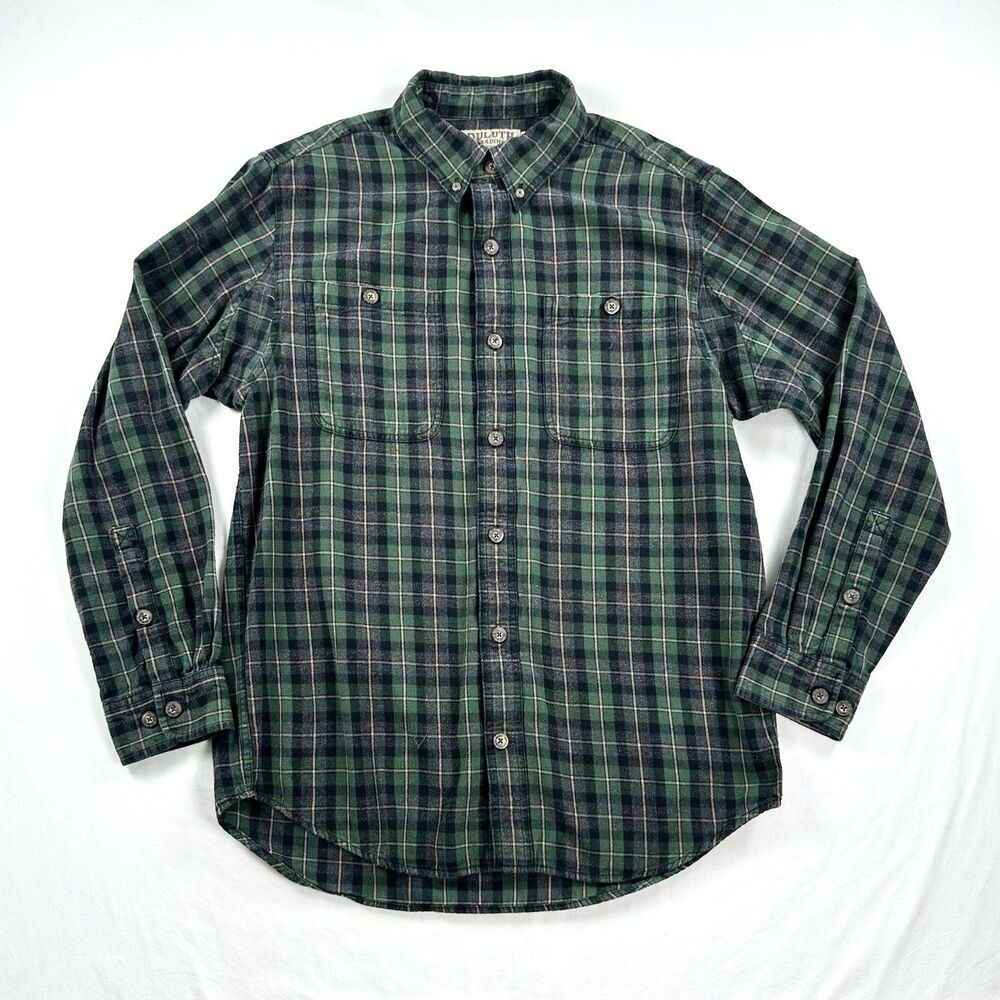 Duluth Trading Flannel Shirt Mens Large Green Plaid Button Up Trim Fit Cotton